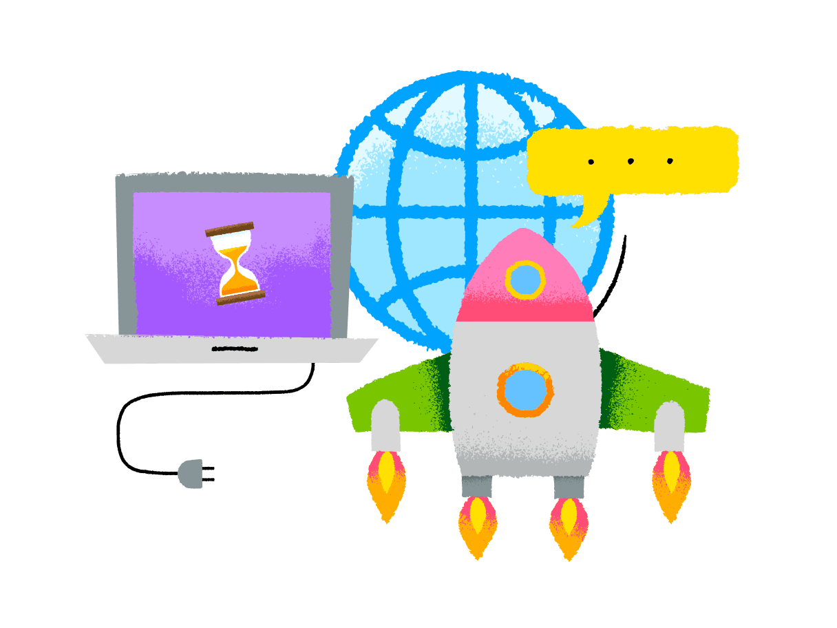Illustration of a computer with a hourglass in the screen, the World Wide Web icon in the background and a rocket flying with a speech bubble