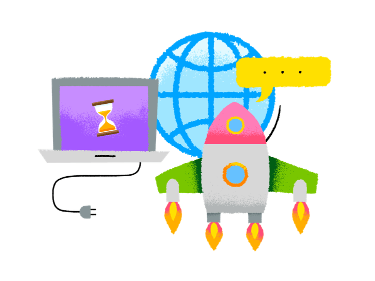 Illustration of a computer wtih a hourglass in the screen, the World Wide Web icon in the background and a rocket flying with a speech bubble