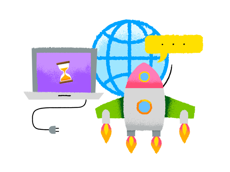 Illustration of a computer wtih a hourglass in the screen, the World Wide Web icon in the background and a rocket flying with a speech bubble